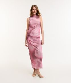 Vestido New Midi em Tule com Franzido Estampa Degrade