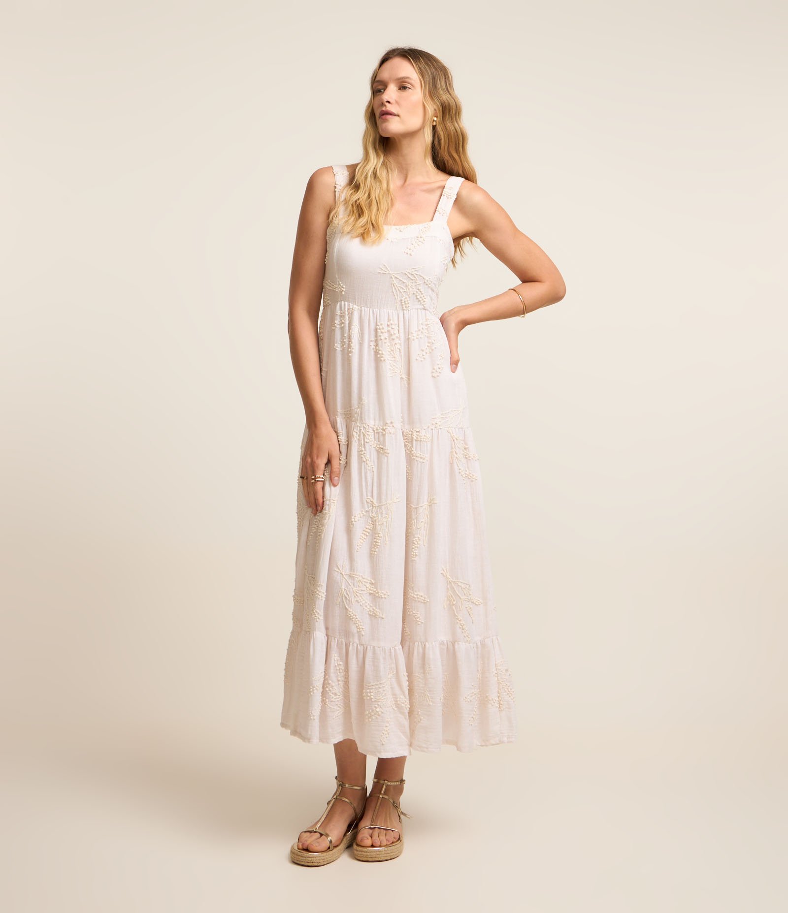 Vestido Midi em Cambraia com Alça Larga e Bordado Floral Branco 1
