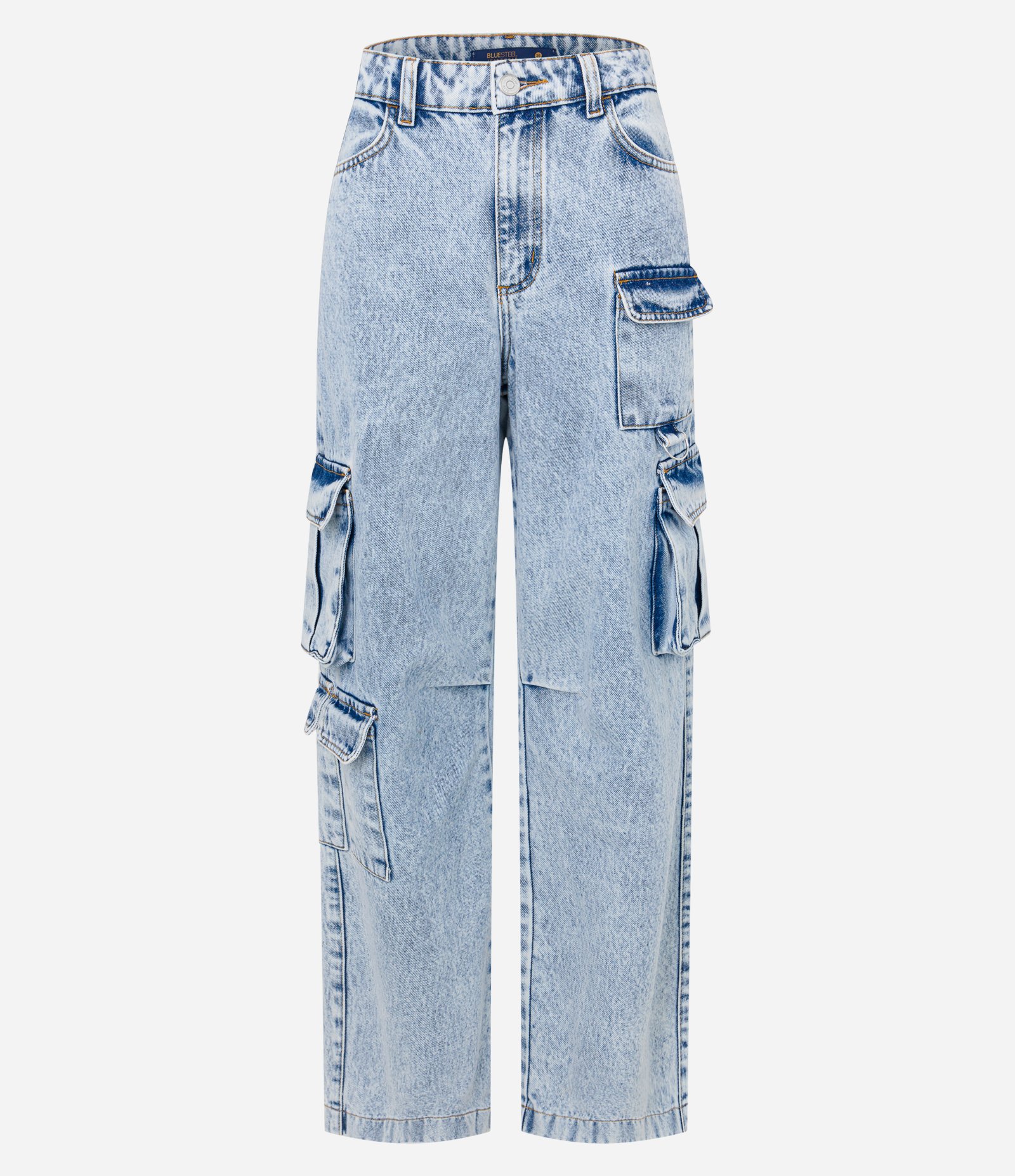 Calça Anos 90 Cintura Média em Jeans com Bolsos Cargo Azul 5