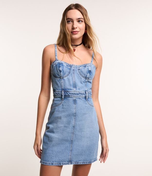 Vestido Curto de Alça em Jeans com Busto Corset