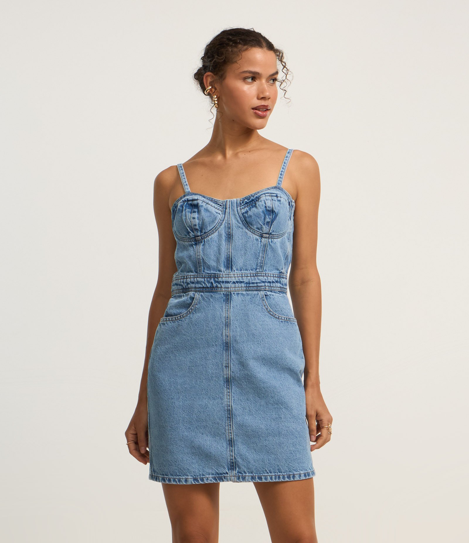 Vestido Curto de Alça em Jeans com Busto Corset Azul 1