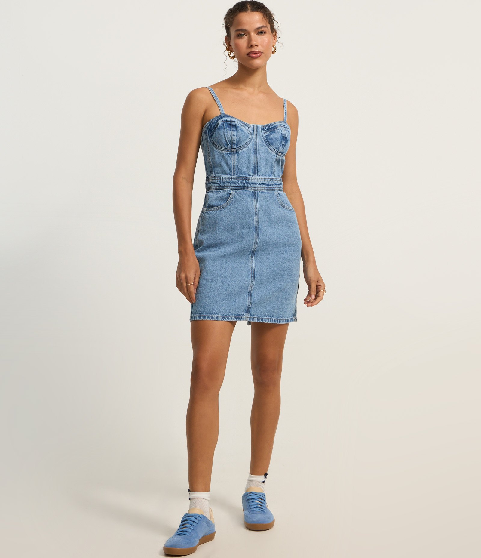 Vestido Curto de Alça em Jeans com Busto Corset Azul 2