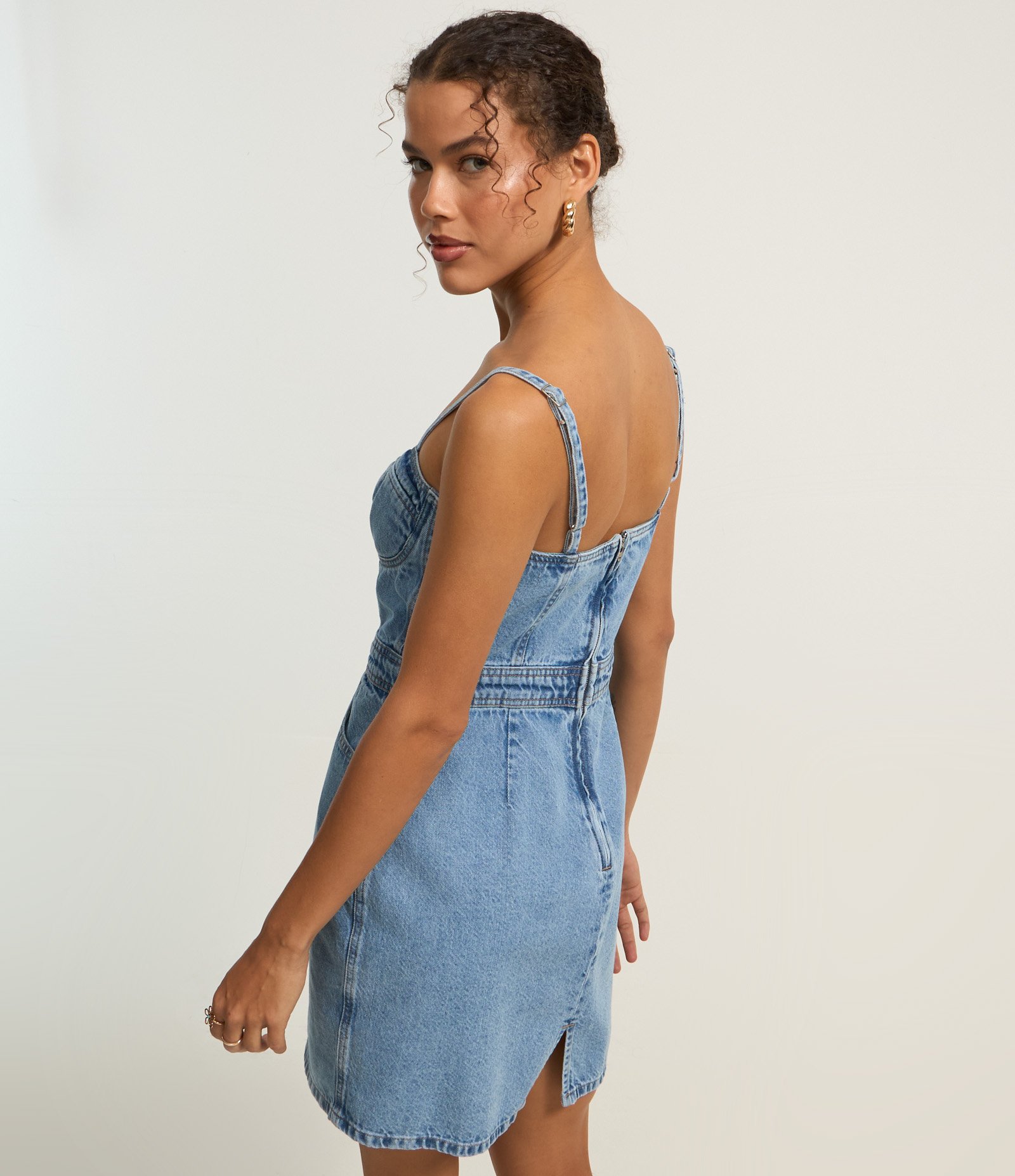 Vestido Curto de Alça em Jeans com Busto Corset Azul 4