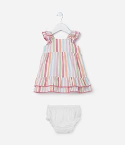 Vestido Infantil com Babados e Estampa Listrada - Tam 3 a 18 meses