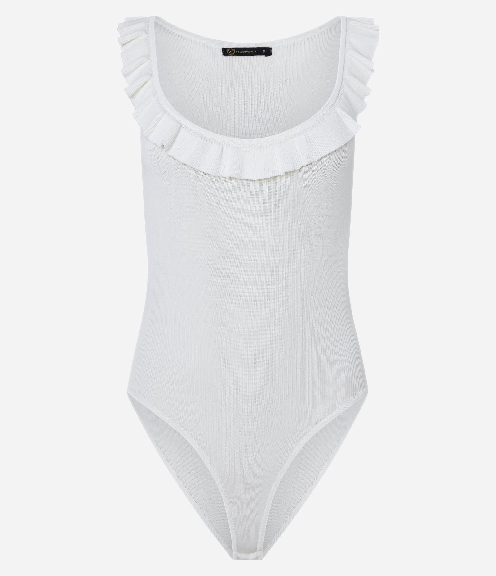 Body Sem Manga em Tricô Canelado com Babado Branco 5