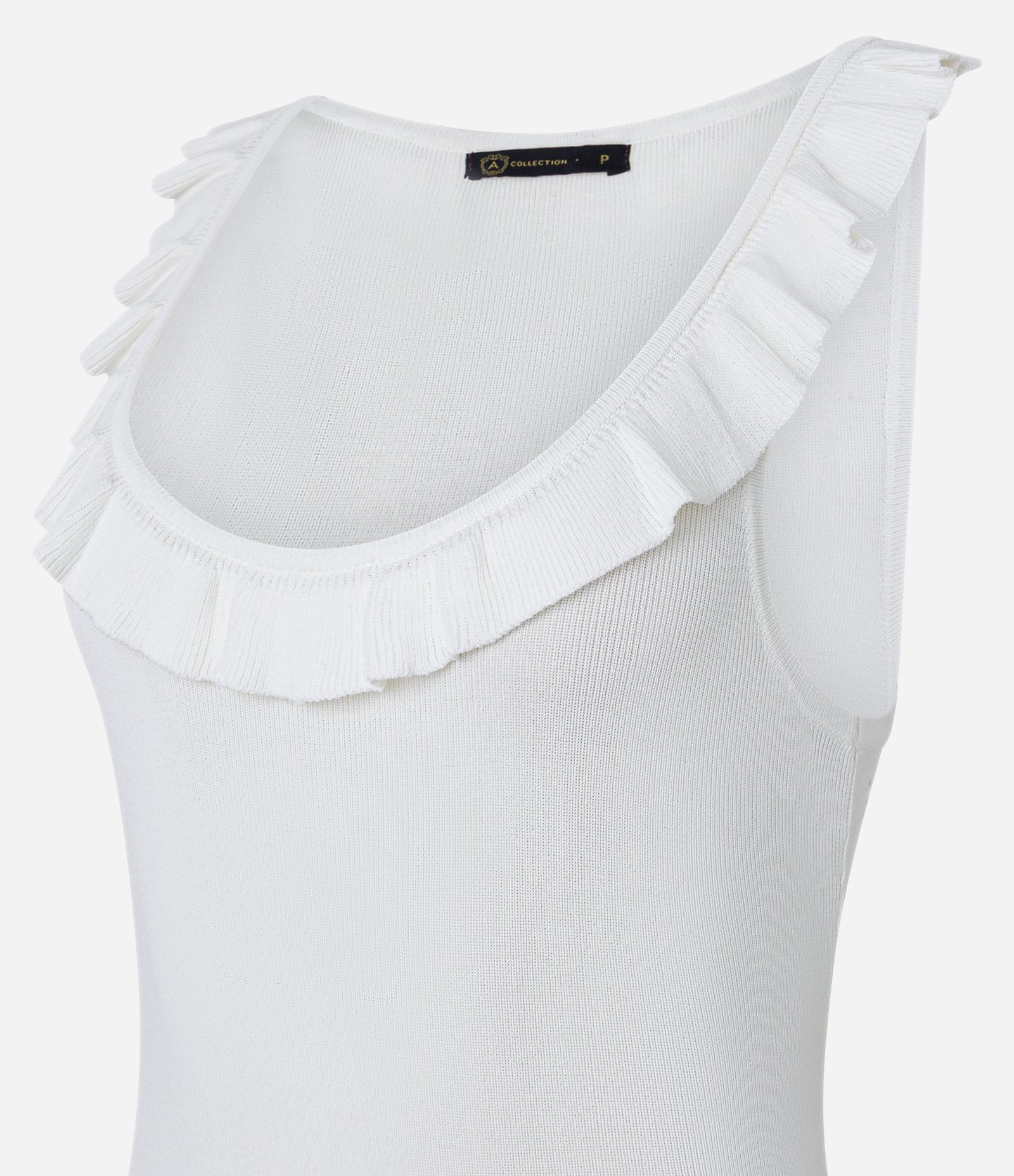 Body Sem Manga em Tricô Canelado com Babado Branco 6