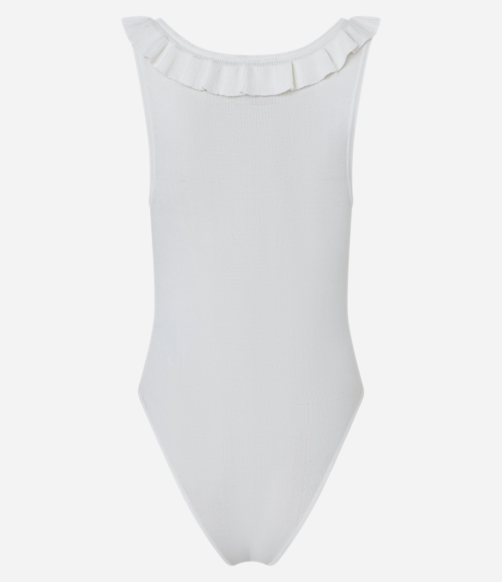 Body Sem Manga em Tricô Canelado com Babado Branco 7