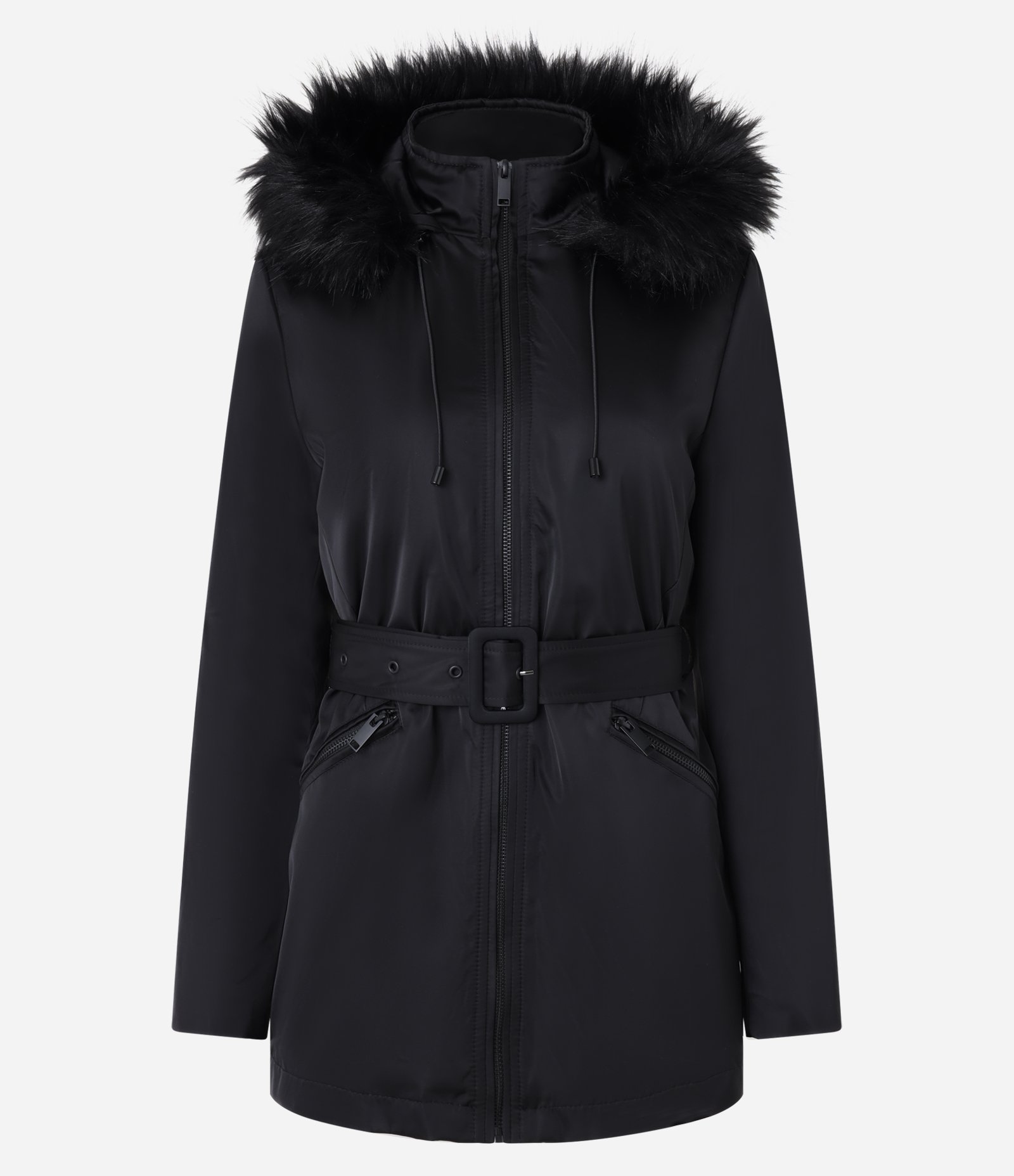 Jaqueta Parka com Capuz com Pelinhos e Cinto Afivelado Preto 7
