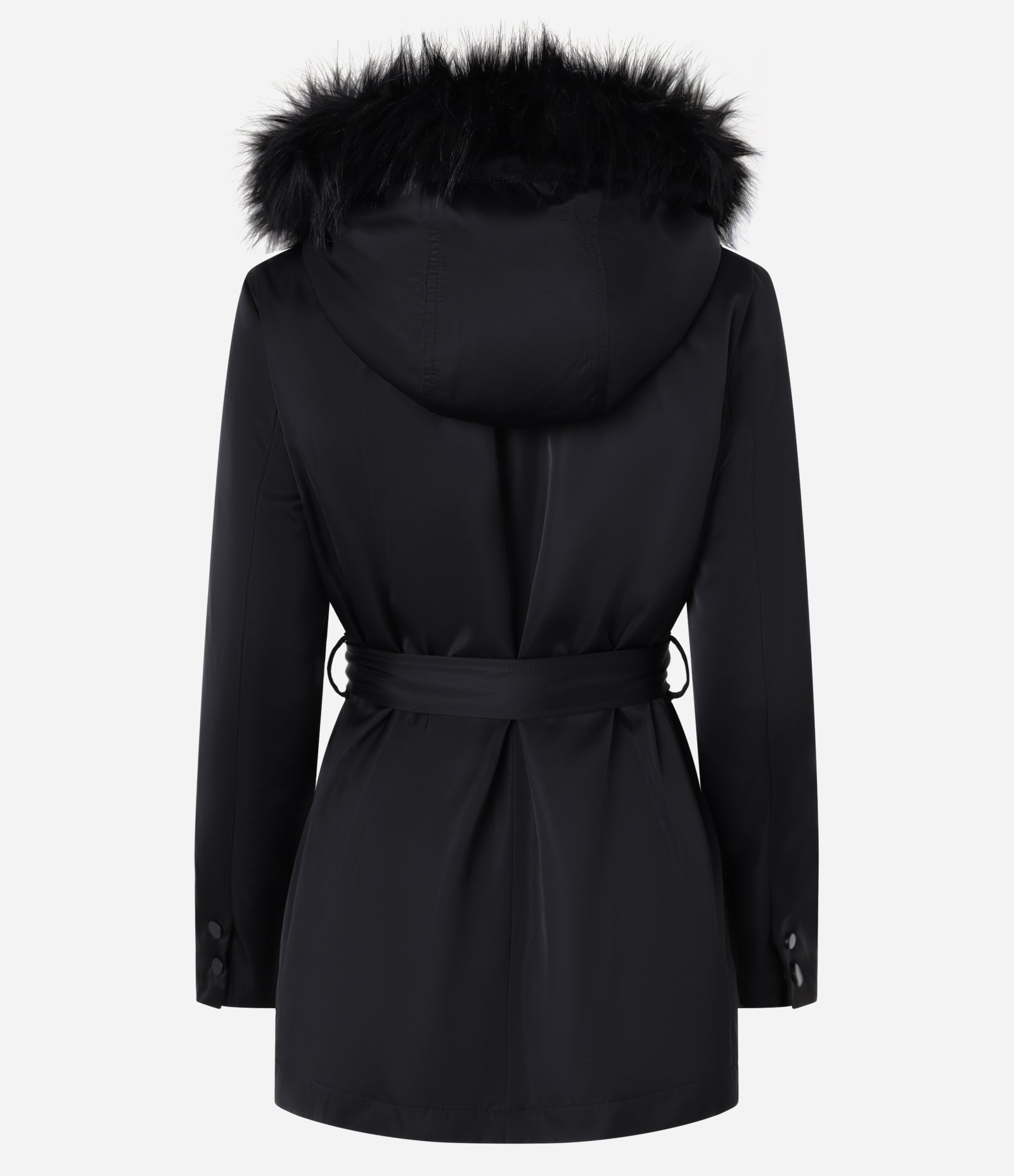 Jaqueta Parka com Capuz com Pelinhos e Cinto Afivelado Preto 8