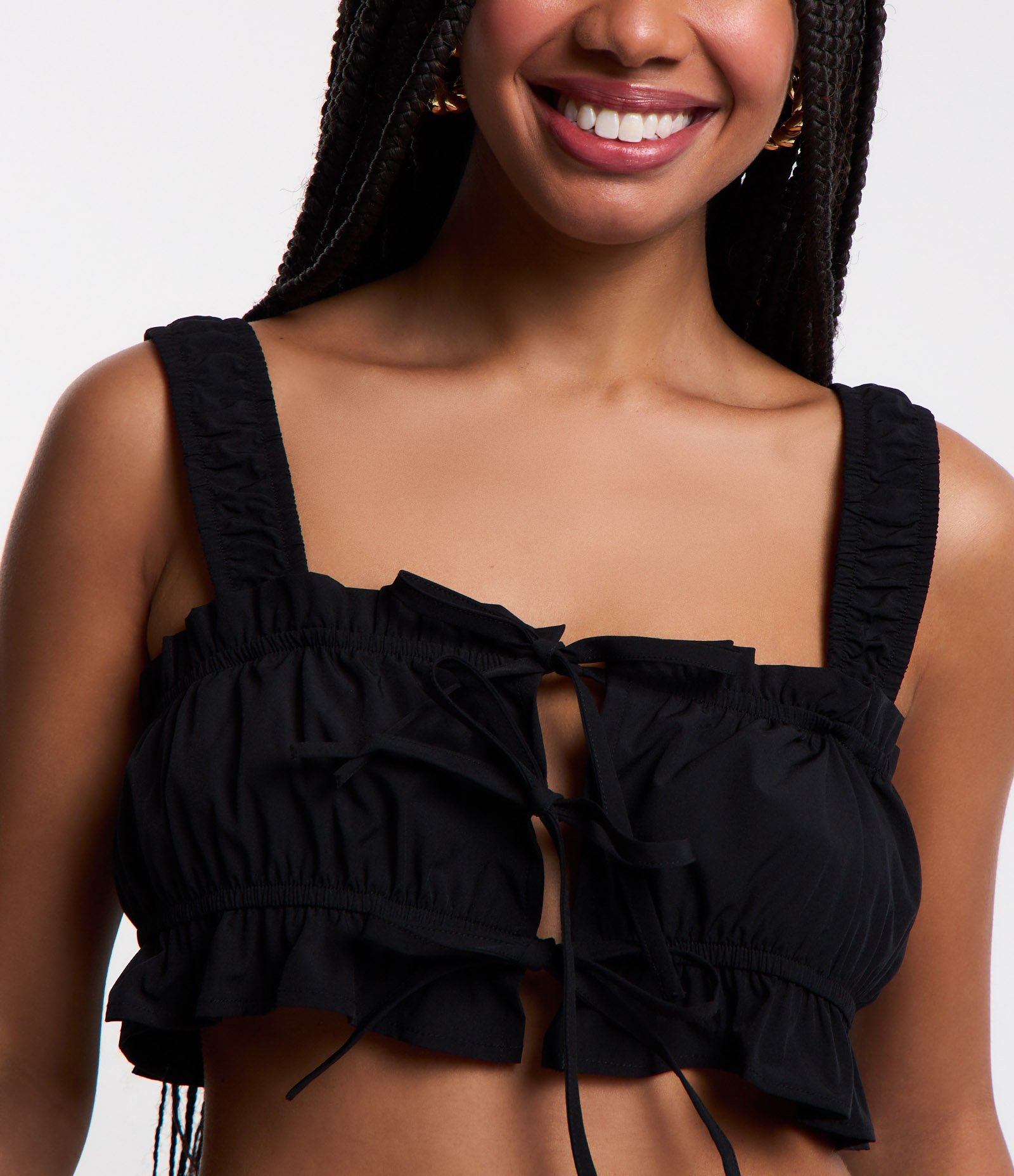 Blusa Top Cropped em Tricoline com Drapeado e Amarrações Preto 4