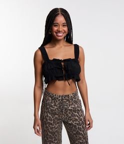 Blusa Top Cropped em Tricoline com Drapeado e Amarrações