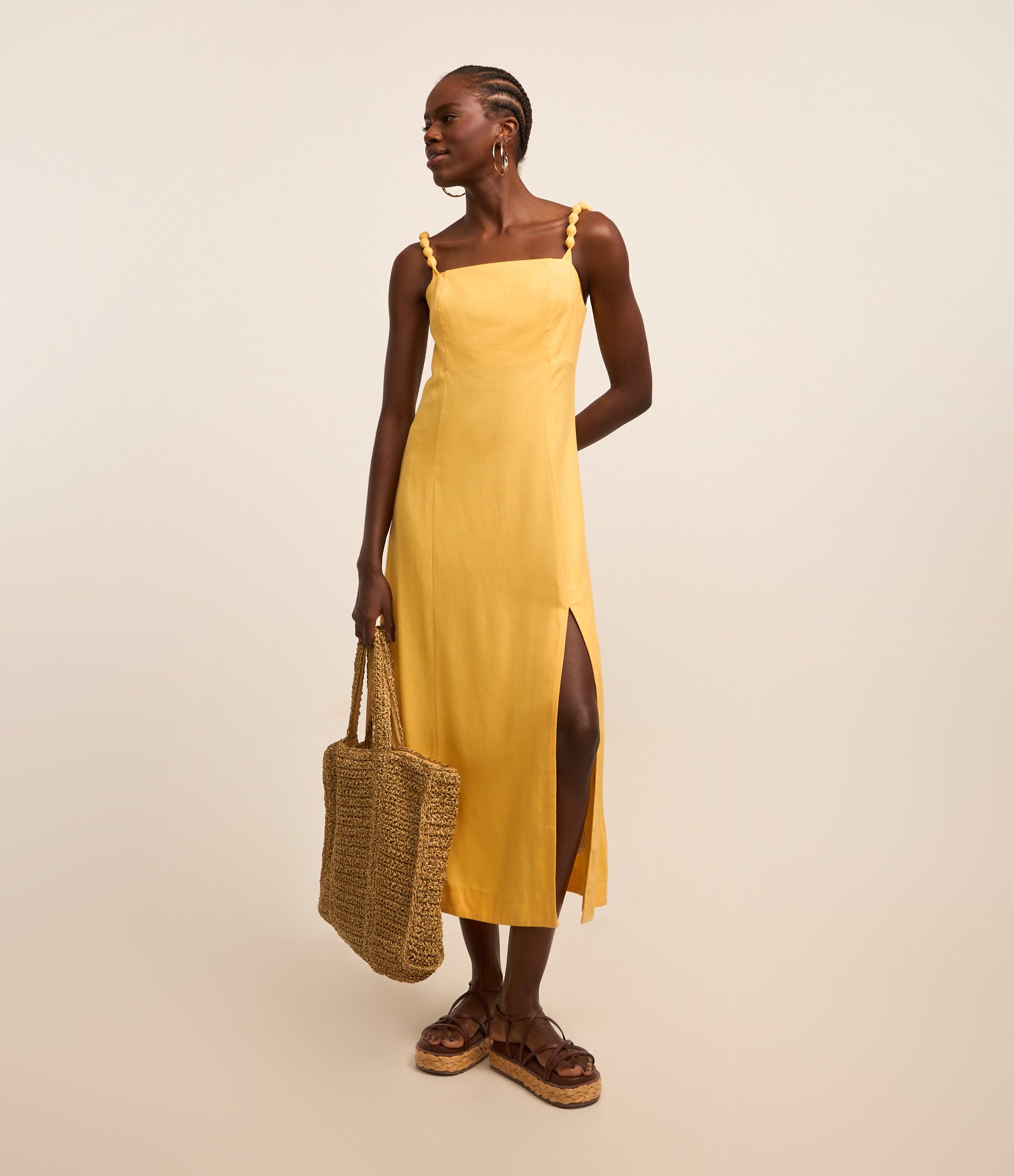 Vestido New Midi em Viscose e Linho com Zíper nas Costas Amarelo 1
