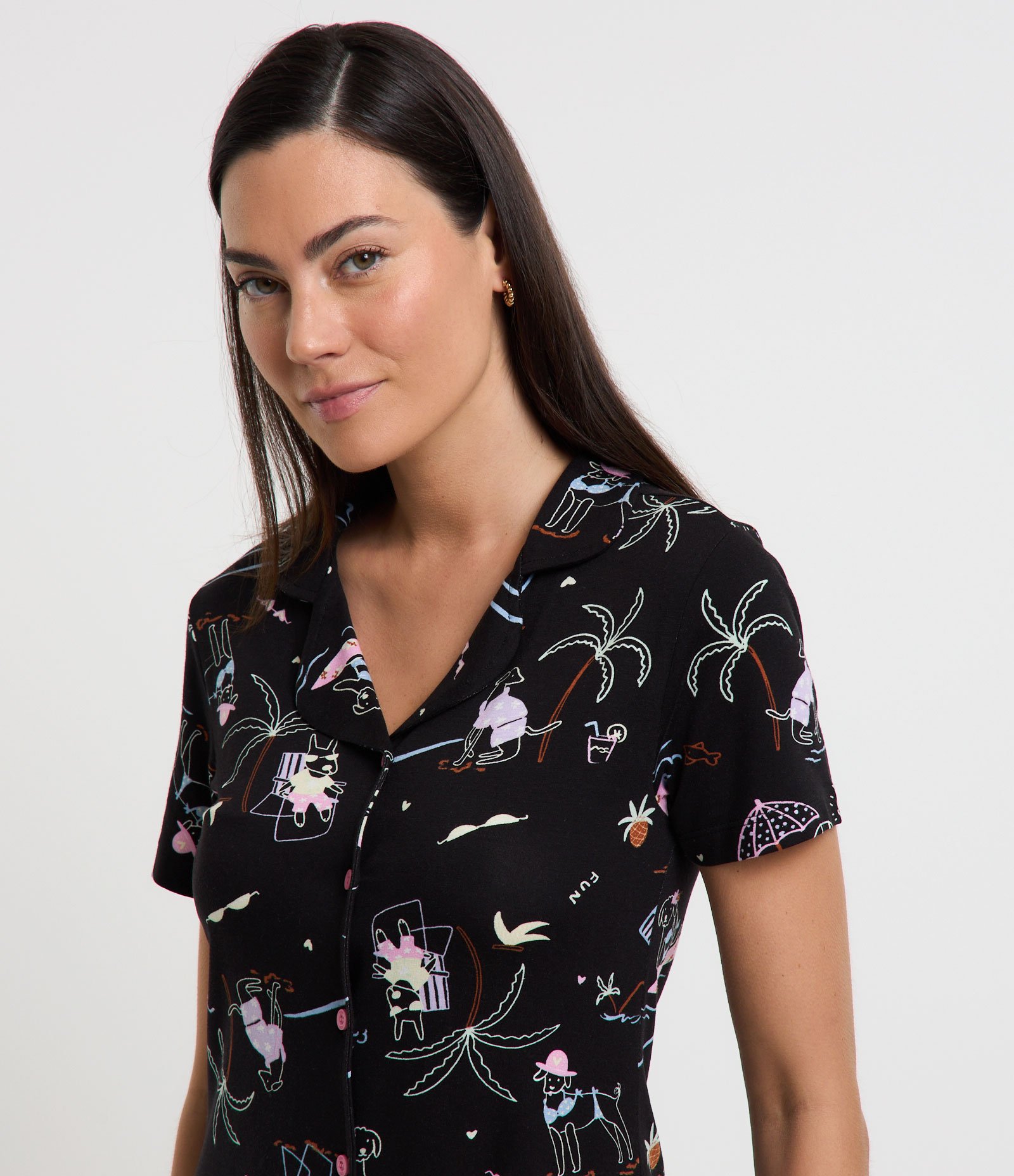 Pijama Curto em Viscose com Estampa Surf Pet Preto 3