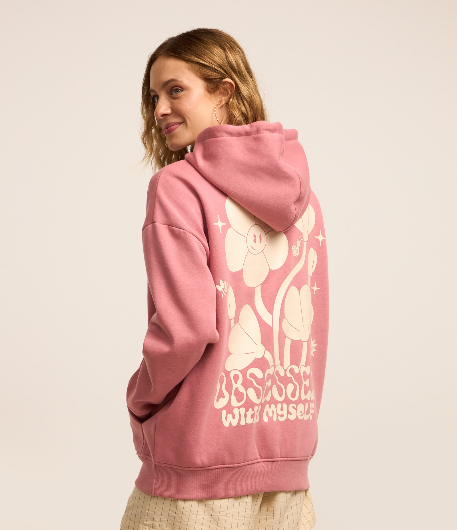 Blusão Alongado em Moletom com Forro Fleece e Estampa em Lettering Rosa 1