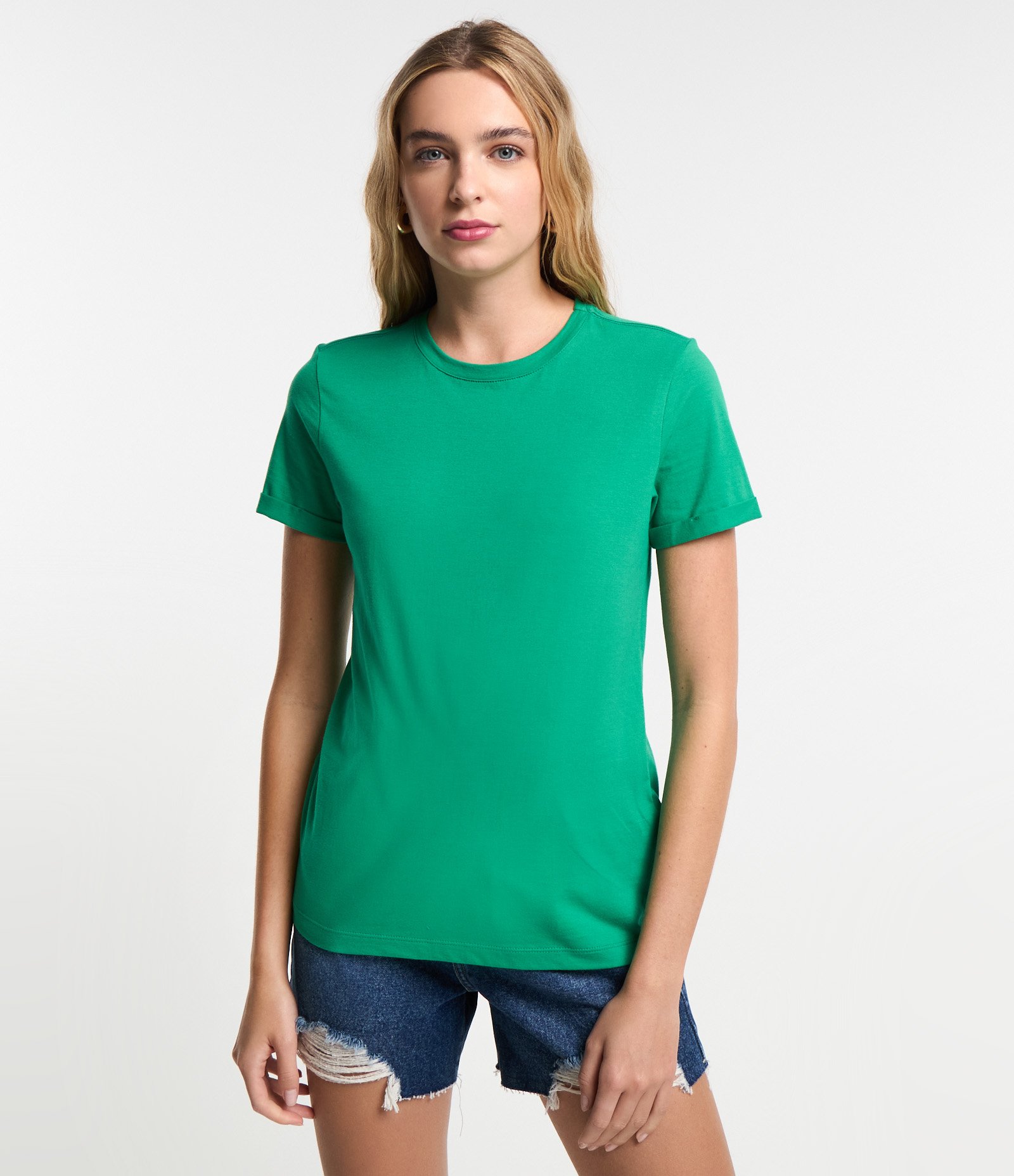 Camiseta Regular em Algodão com Manga Dobrada Verde Forte 3