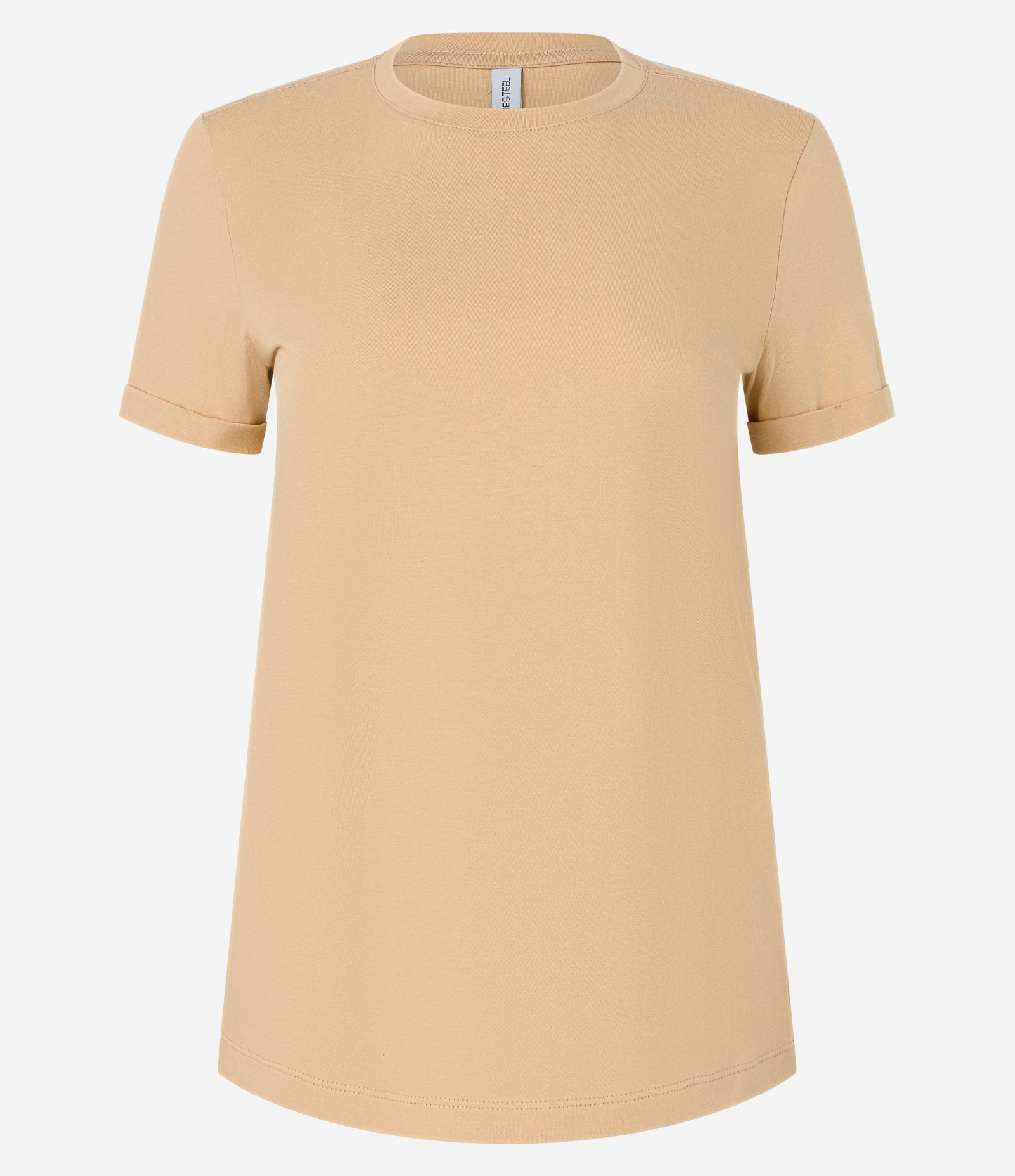 Camiseta Regular em Algodão com Manga Dobrada Bege 5