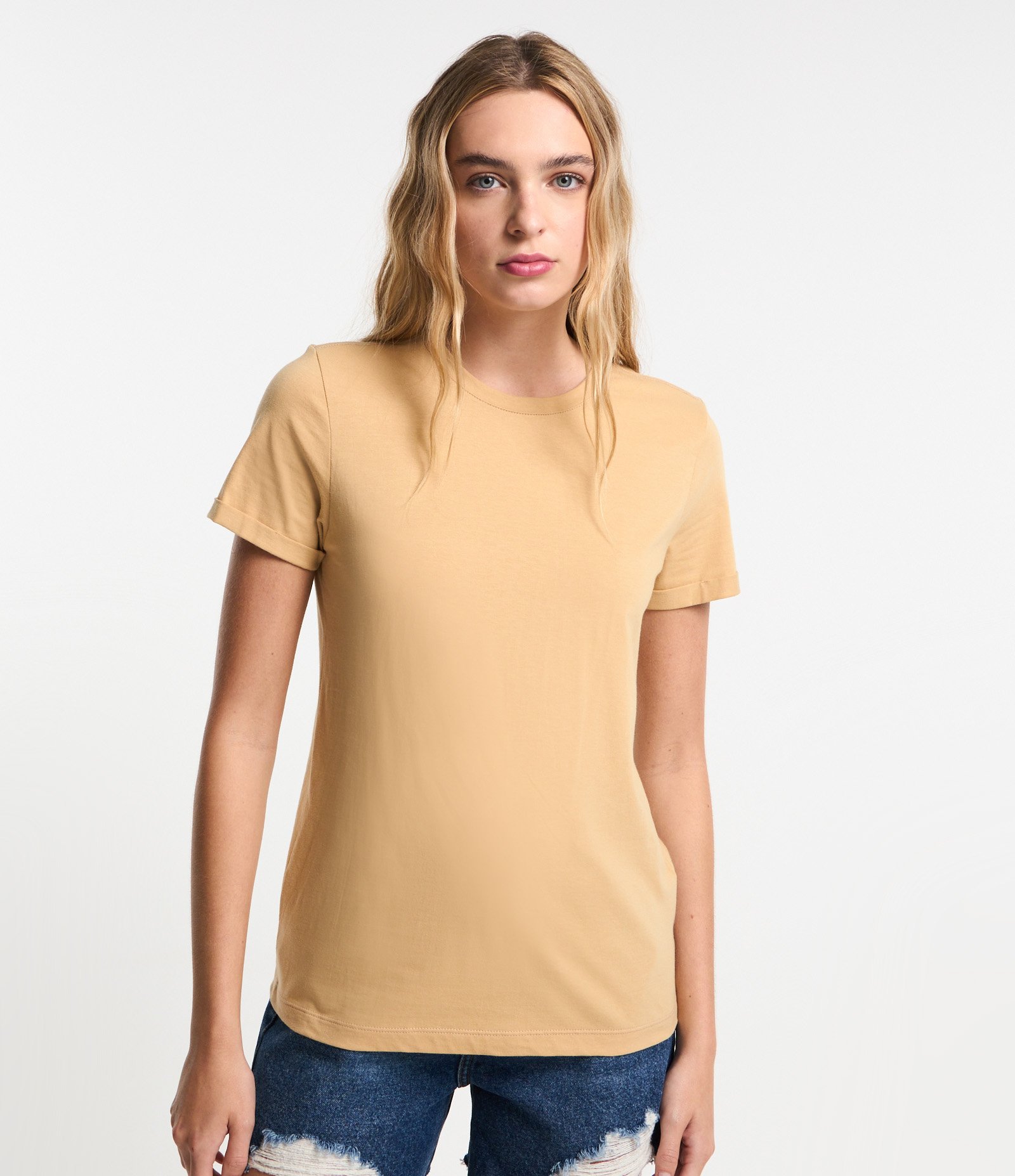 Camiseta Regular em Algodão com Manga Dobrada Bege 3