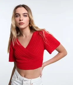Blusa Cropped em Tricô com Ponto Diferenciado e Manga Curta