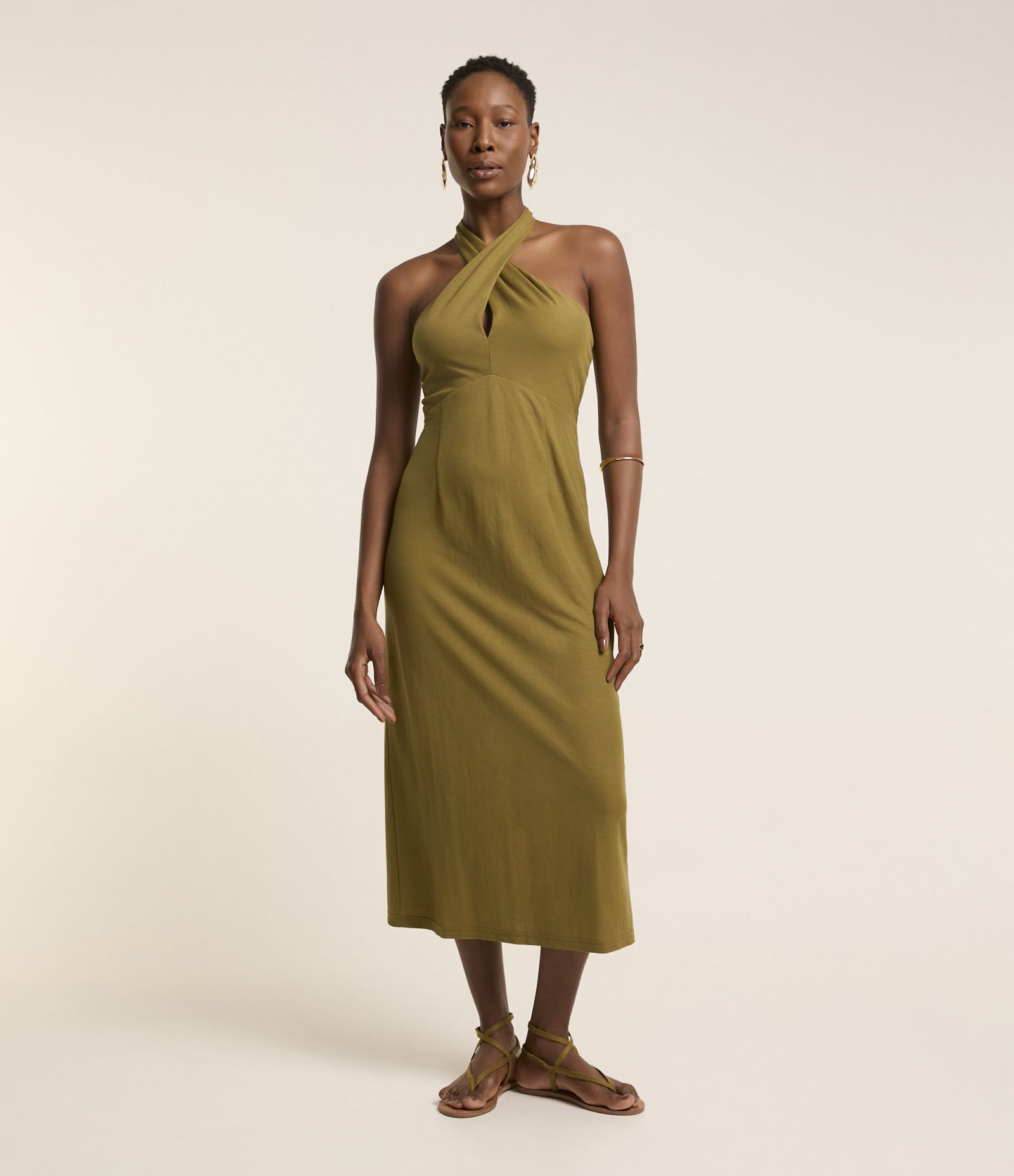 Vestido New Midi em Malha Piquet com Amarração no Pescoço Verde 1