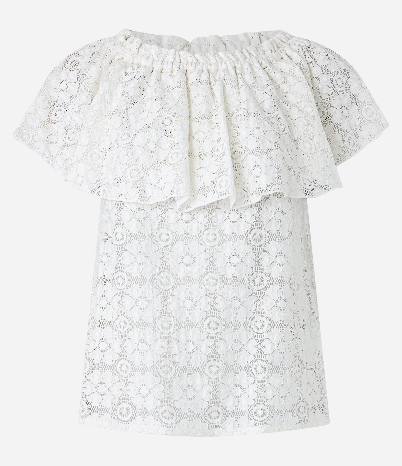 Blusa Manga Curta em Laise com Babado no Decote Ombro a Ombro Branco 1