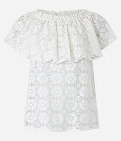 Blusa Manga Curta em Laise com Babado no Decote Ombro a Ombro