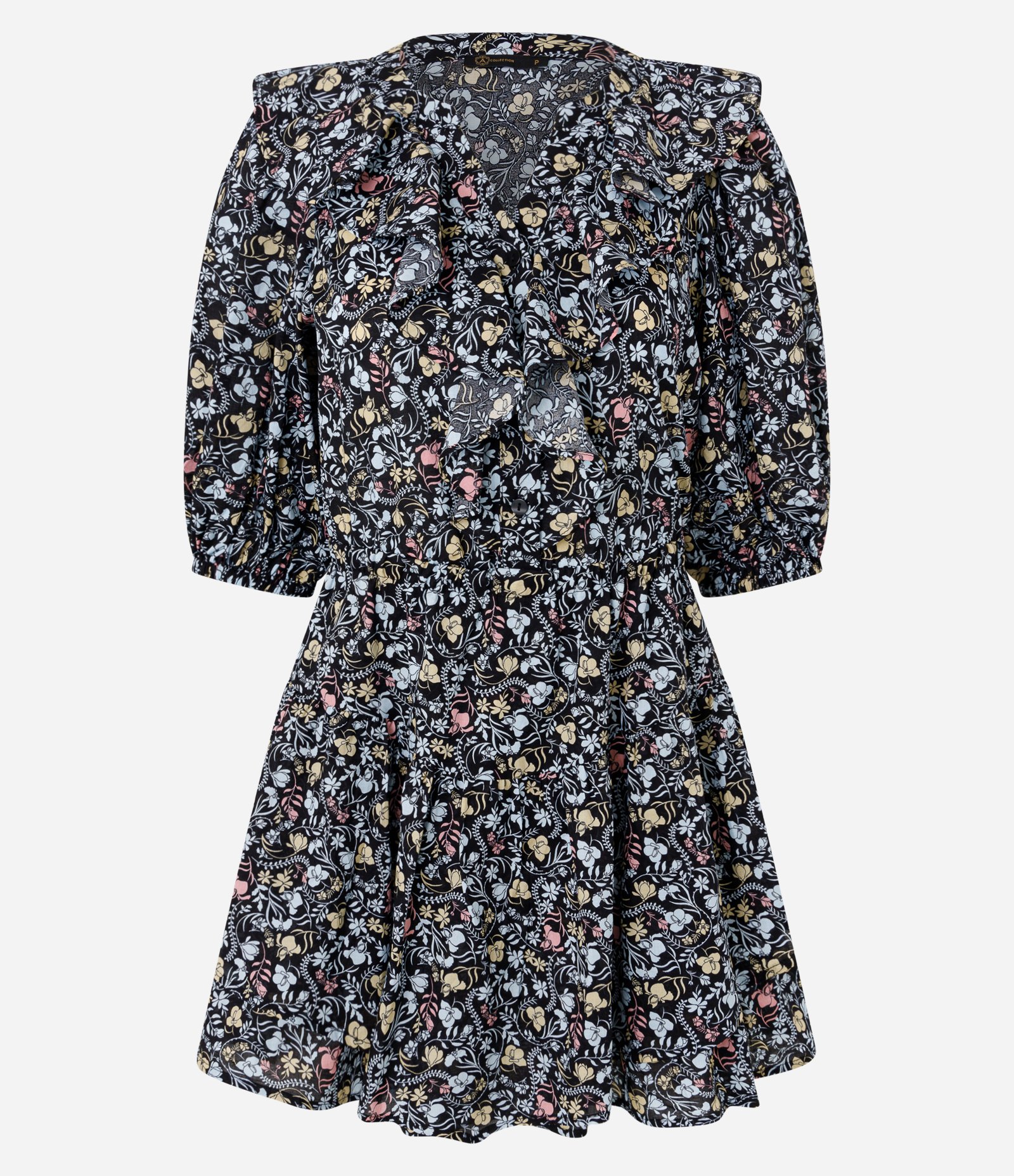 Vestido Curto Tricoline com Babado Jabô e Estampa Floral Preto 7