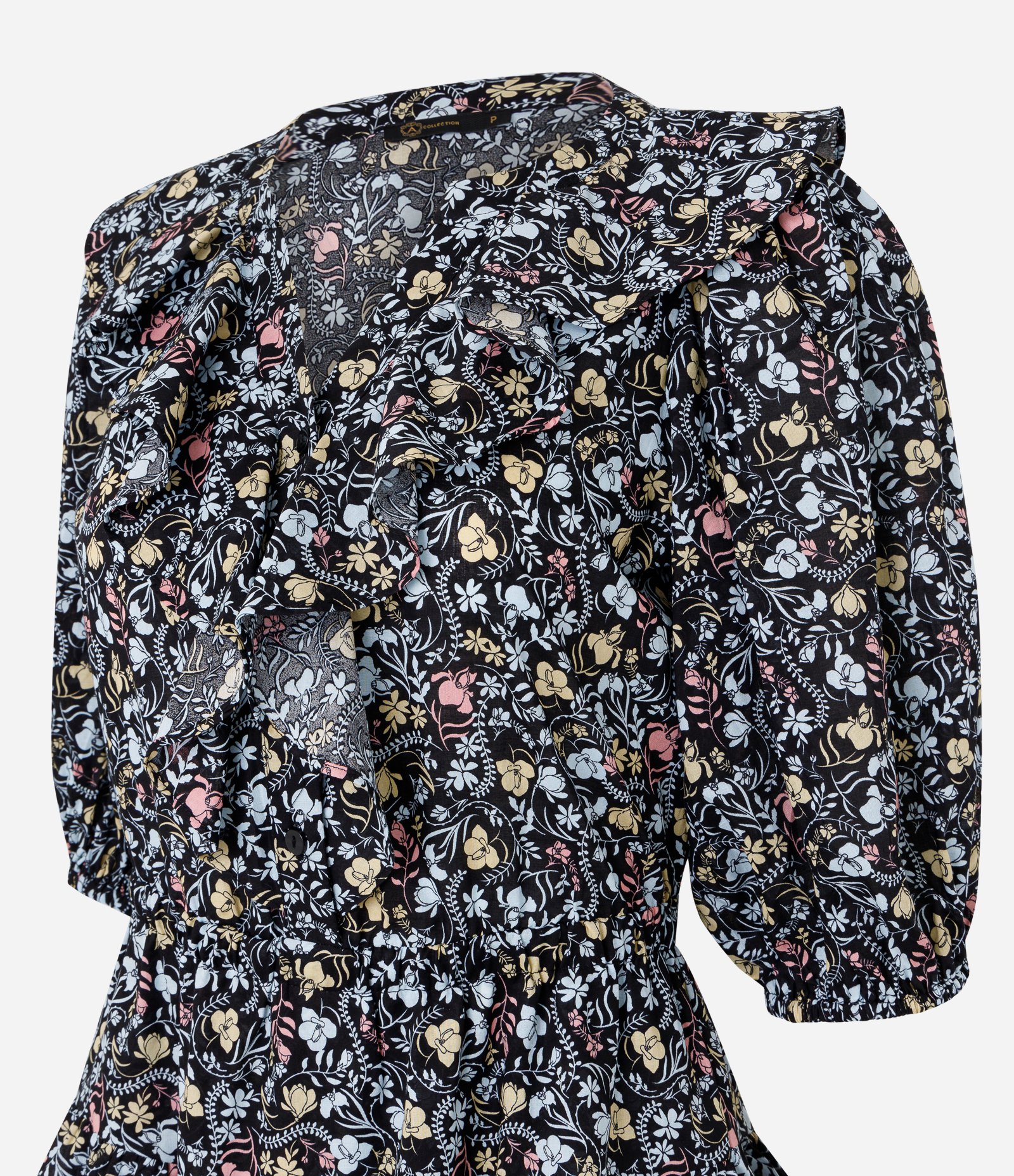 Vestido Curto Tricoline com Babado Jabô e Estampa Floral Preto 8