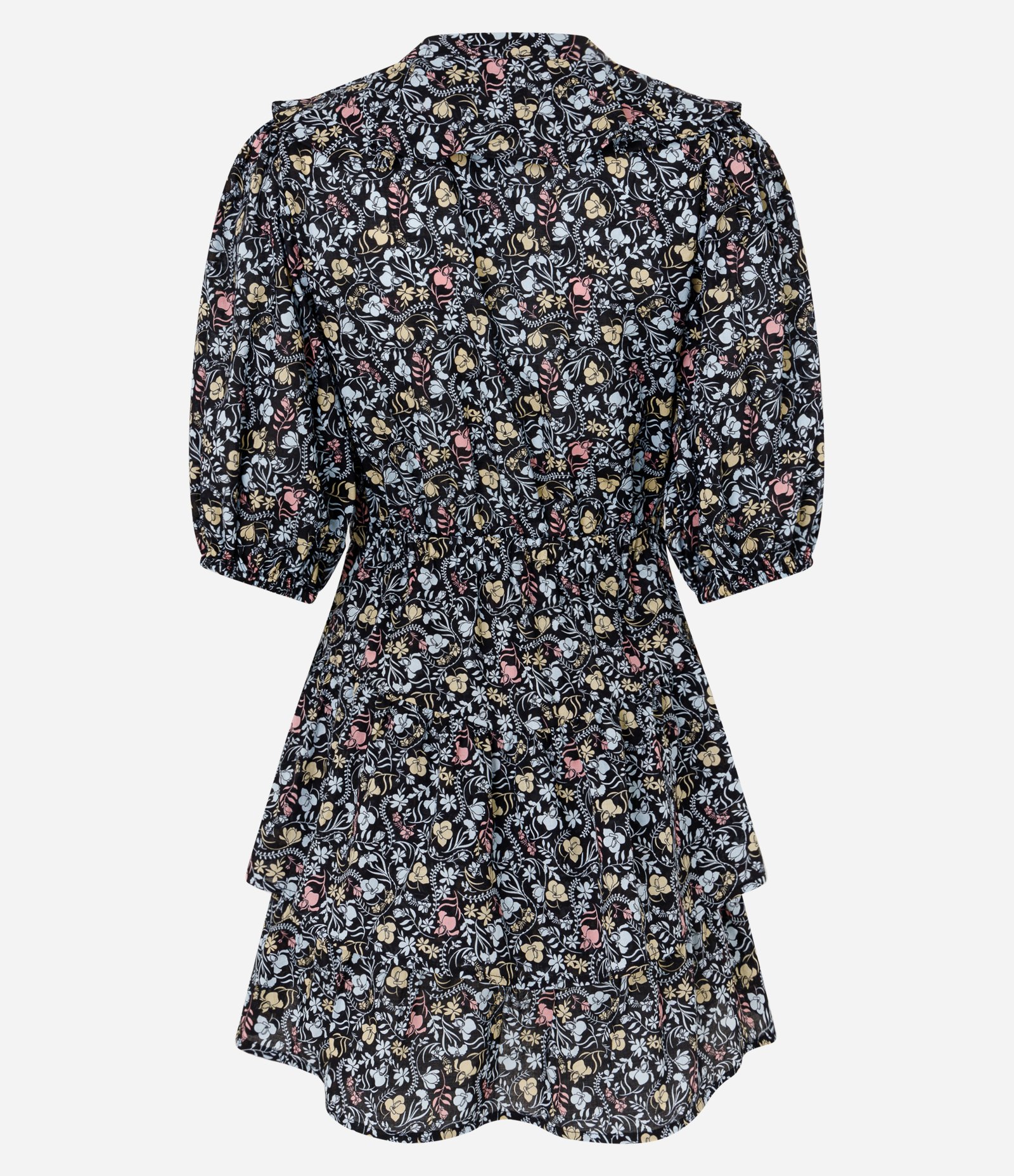 Vestido Curto Tricoline com Babado Jabô e Estampa Floral Preto 9