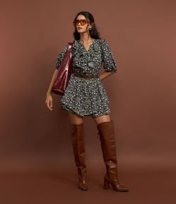 Vestido Curto Tricoline com Babado Jabô e Estampa Floral