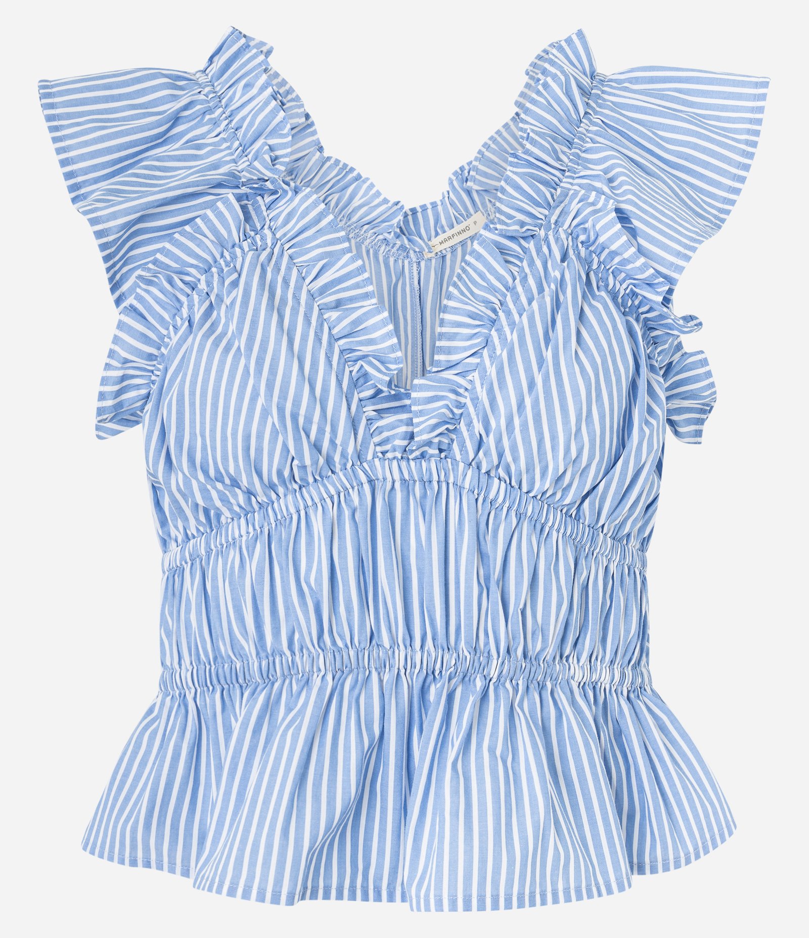 Blusa Sem Manga em Tricoline Listrada com Recorte em Elástico e Babados Azul 7