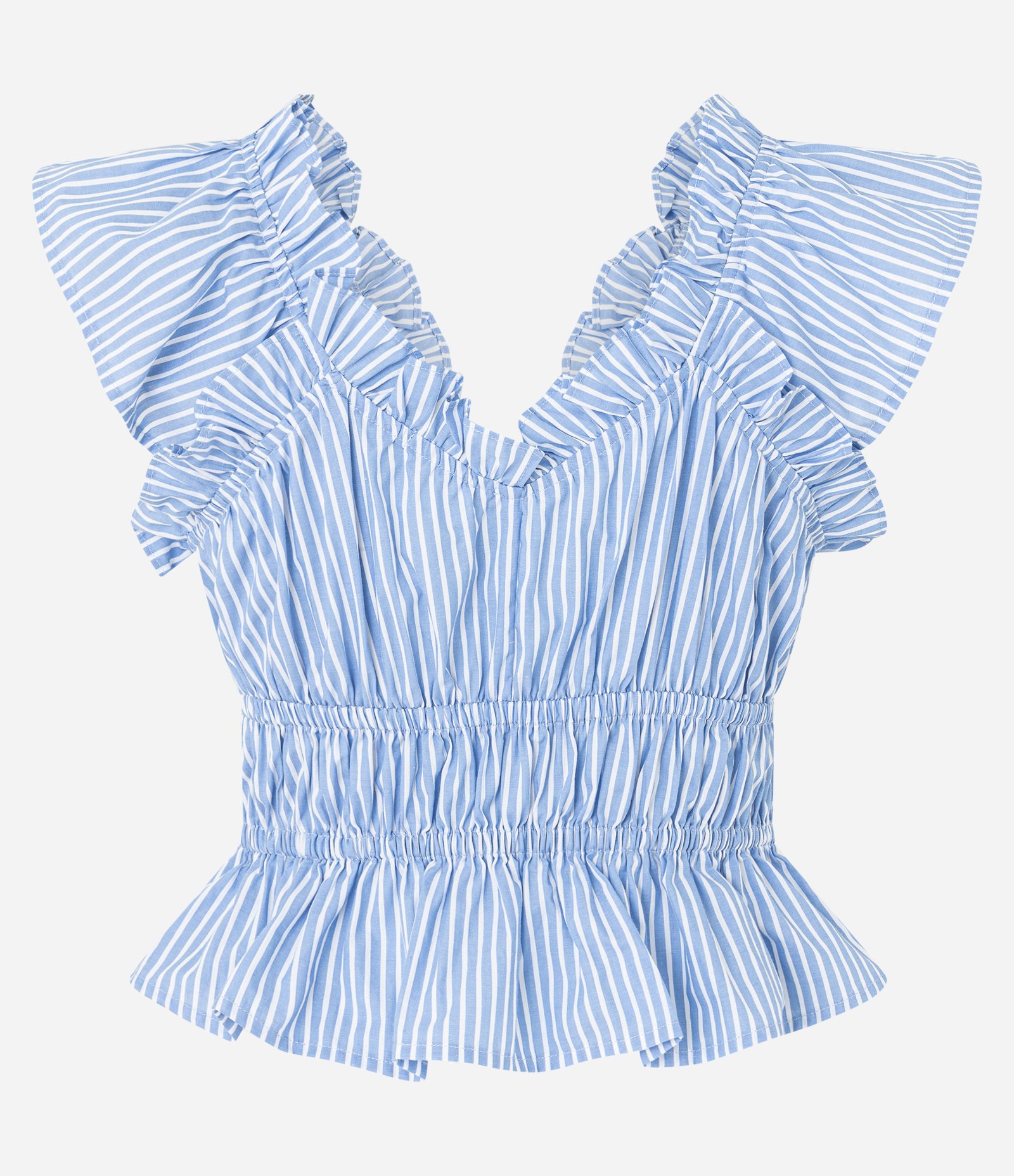 Blusa Sem Manga em Tricoline Listrada com Recorte em Elástico e Babados Azul 8