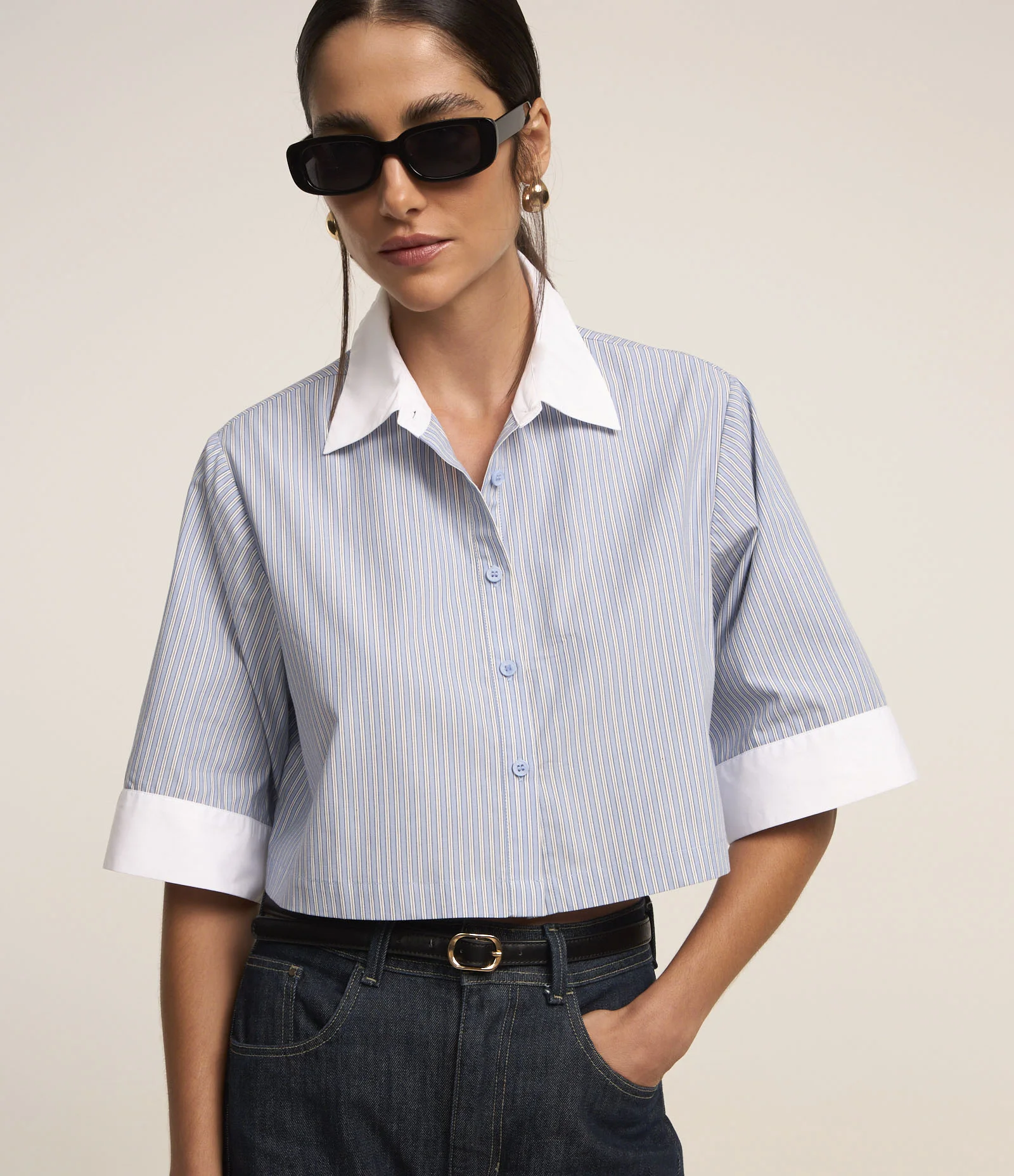 Camisa em Tricoline Gola com Lapela e Manga 3/4 Contrastantes Estampa Fio Tinto Azul 1