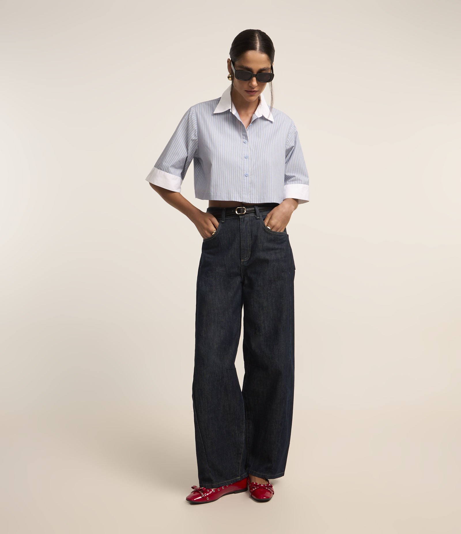 Camisa em Tricoline Gola com Lapela e Manga 3/4 Contrastantes Estampa Fio Tinto Azul 2