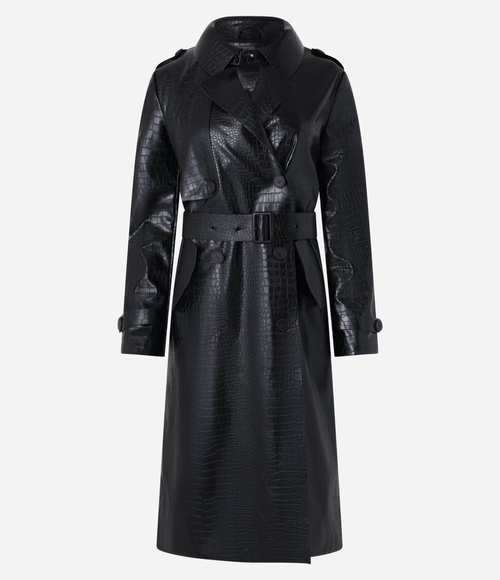 Casaco Trench Coat em PU com Textura Croco e Cinto Preto 12
