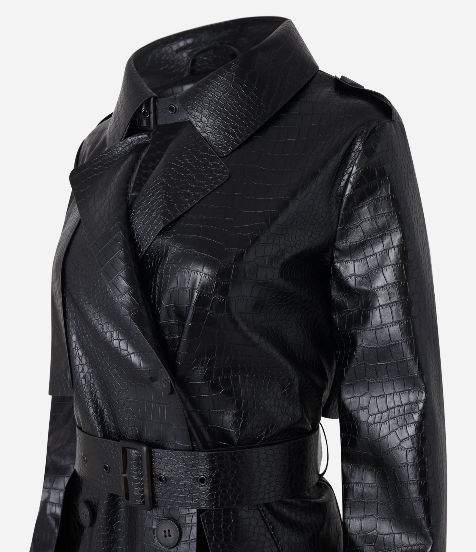 Casaco Trench Coat em PU com Textura Croco e Cinto Preto 13