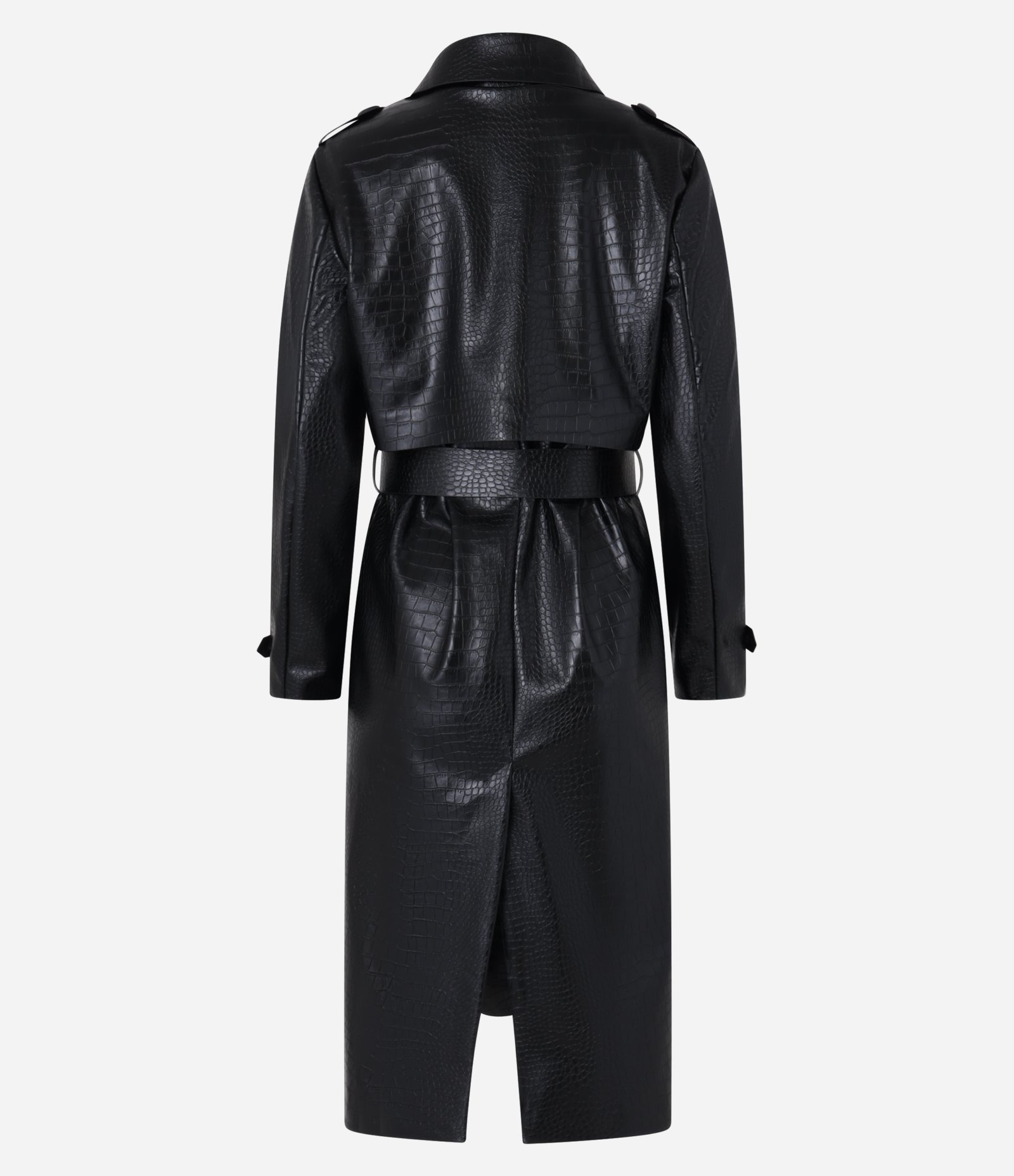 Casaco Trench Coat em PU com Textura Croco e Cinto Preto 14