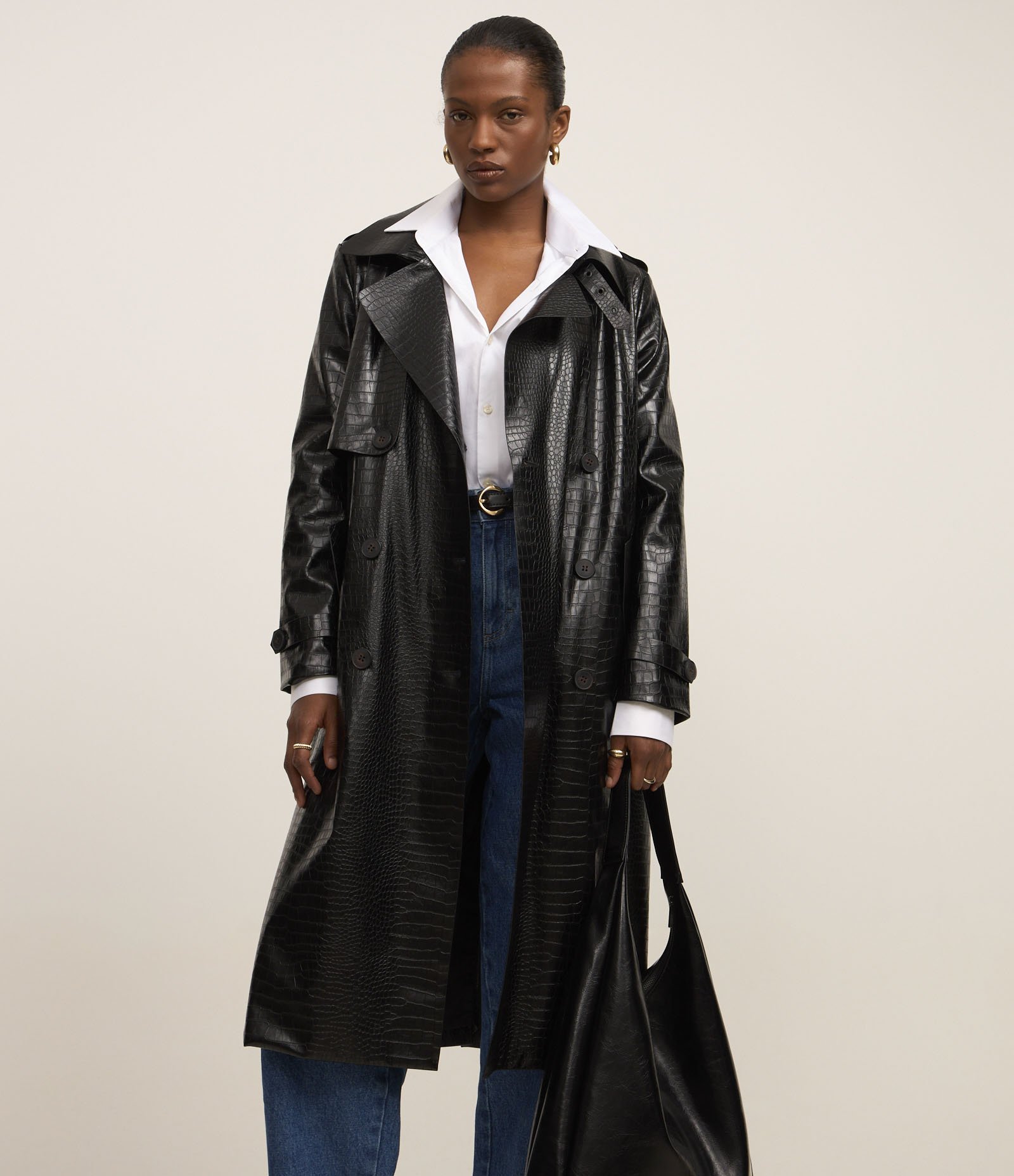 Casaco Trench Coat em PU com Textura Croco e Cinto Preto 3