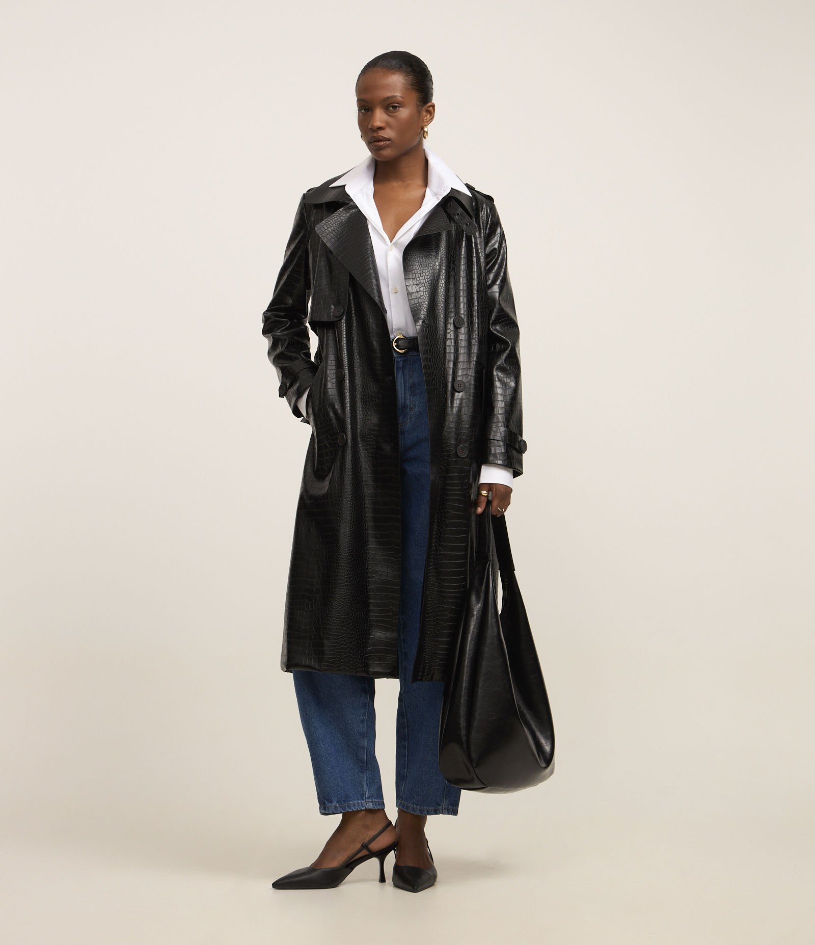 Casaco Trench Coat em PU com Textura Croco e Cinto Preto 5