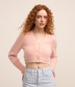 Cardigan Cropped em Tricô com Pelinho e Bolsos