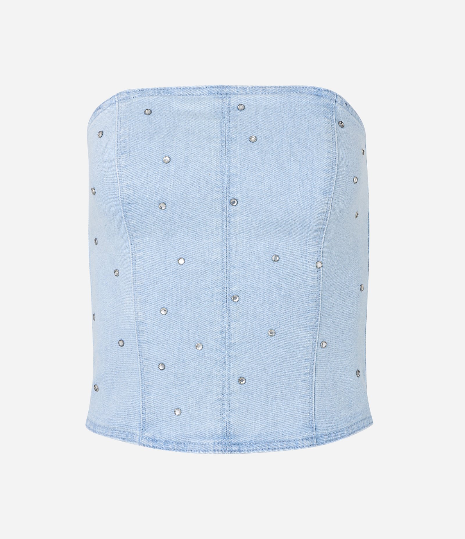 Top Corset Tomara Que Caia em Jeans com Bolinhas de Strass Azul 4