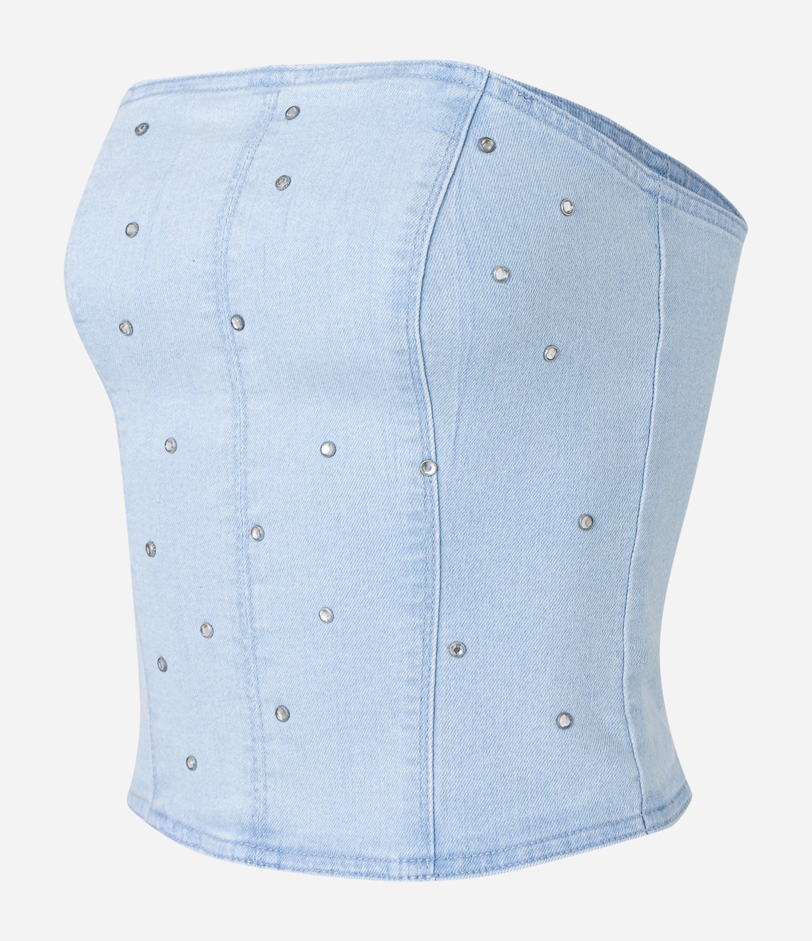 Top Corset Tomara Que Caia em Jeans com Bolinhas de Strass Azul 5