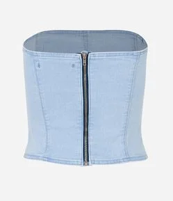 Top Corset Tomara Que Caia em Jeans com Bolinhas de Strass
