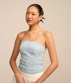Top Corset Tomara Que Caia em Jeans com Bolinhas de Strass
