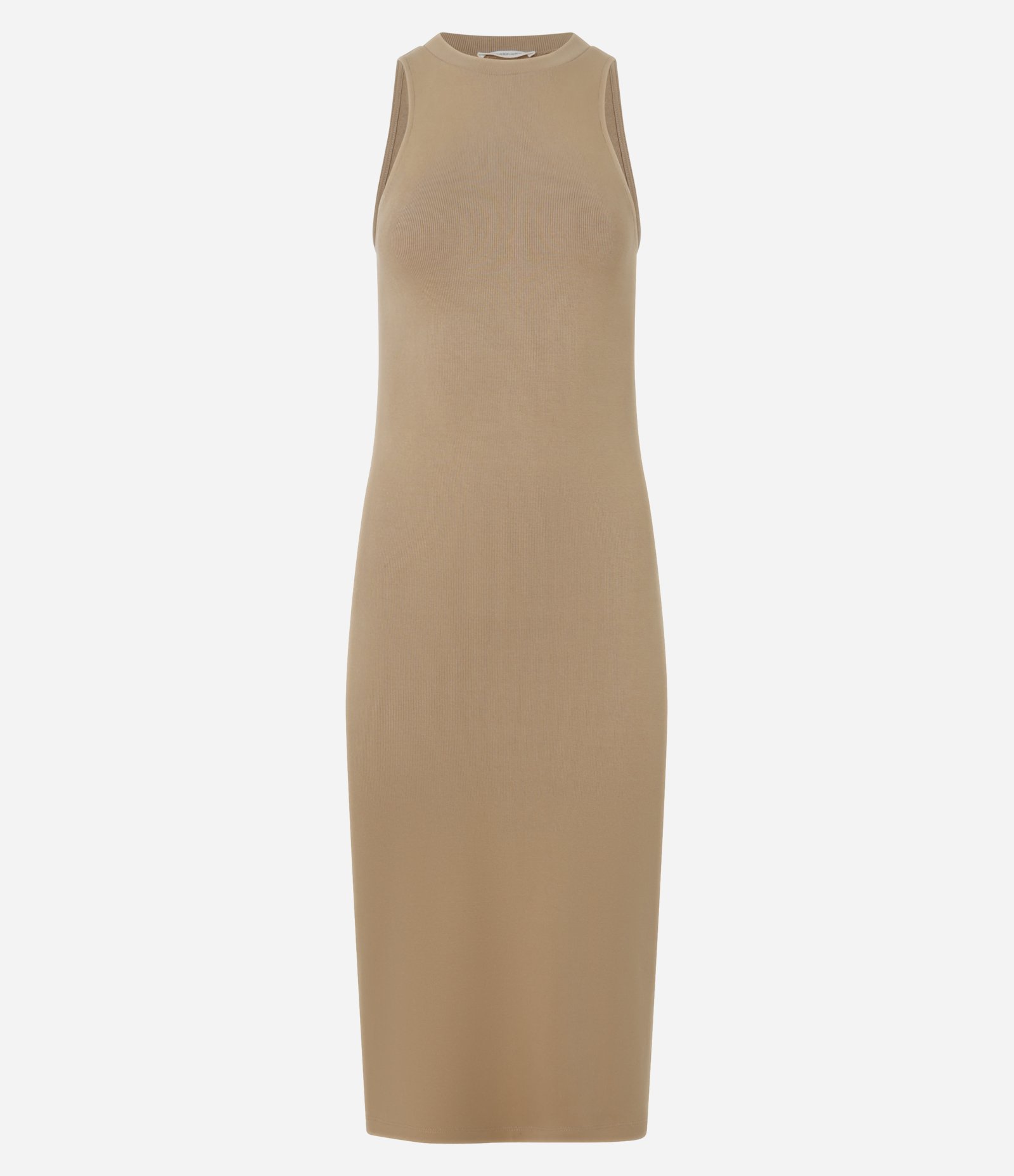 Vestido Midi em Ribana com Gola Rente ao Pescoço Bege 5