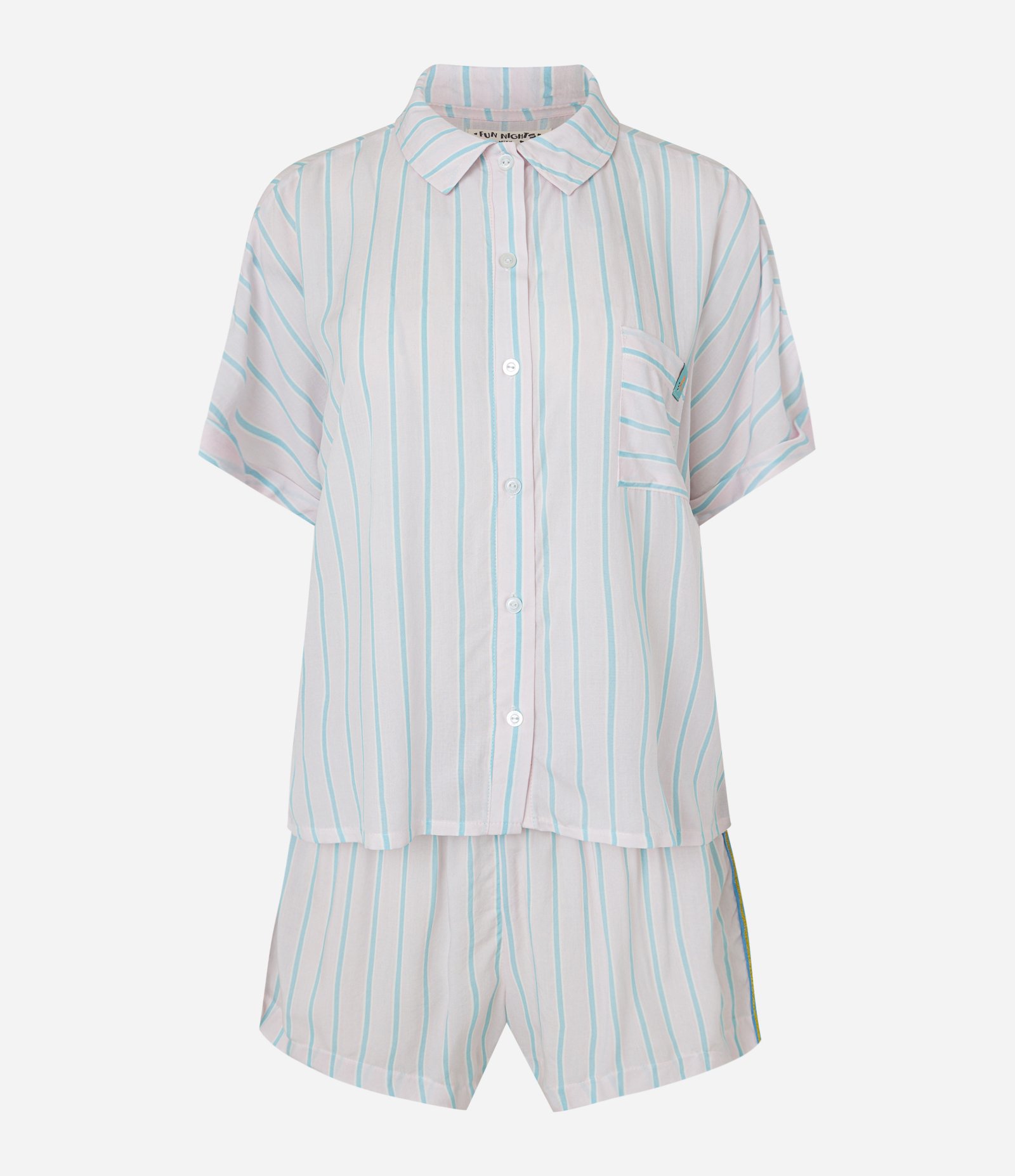 Pijama Curto em Viscose com Bolsinho no Peito e Estampa Listras Rosa Claro/ Azul 5
