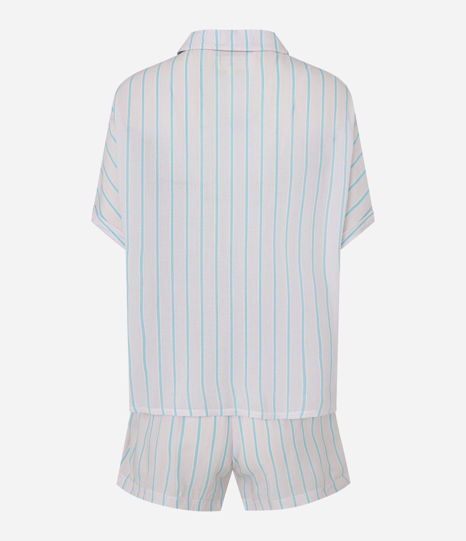 Pijama Curto em Viscose com Bolsinho no Peito e Estampa Listras Rosa Claro/ Azul 6