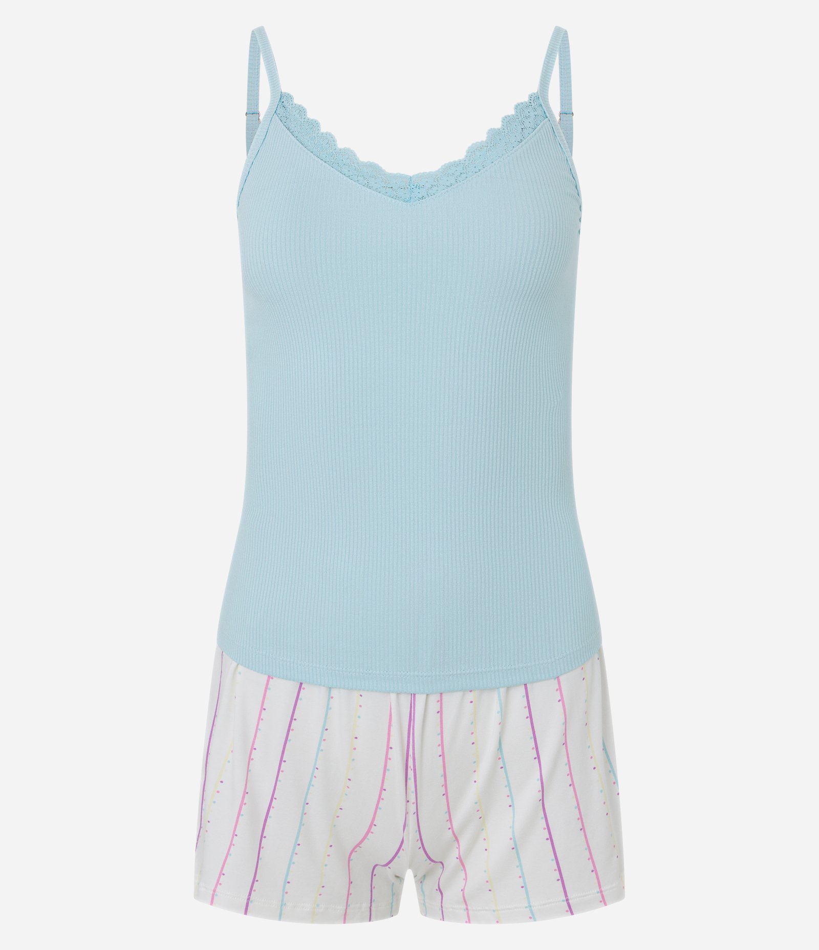 Pijama Short Doll com Detalhe em Renda e Estampa de Listras Azul 5