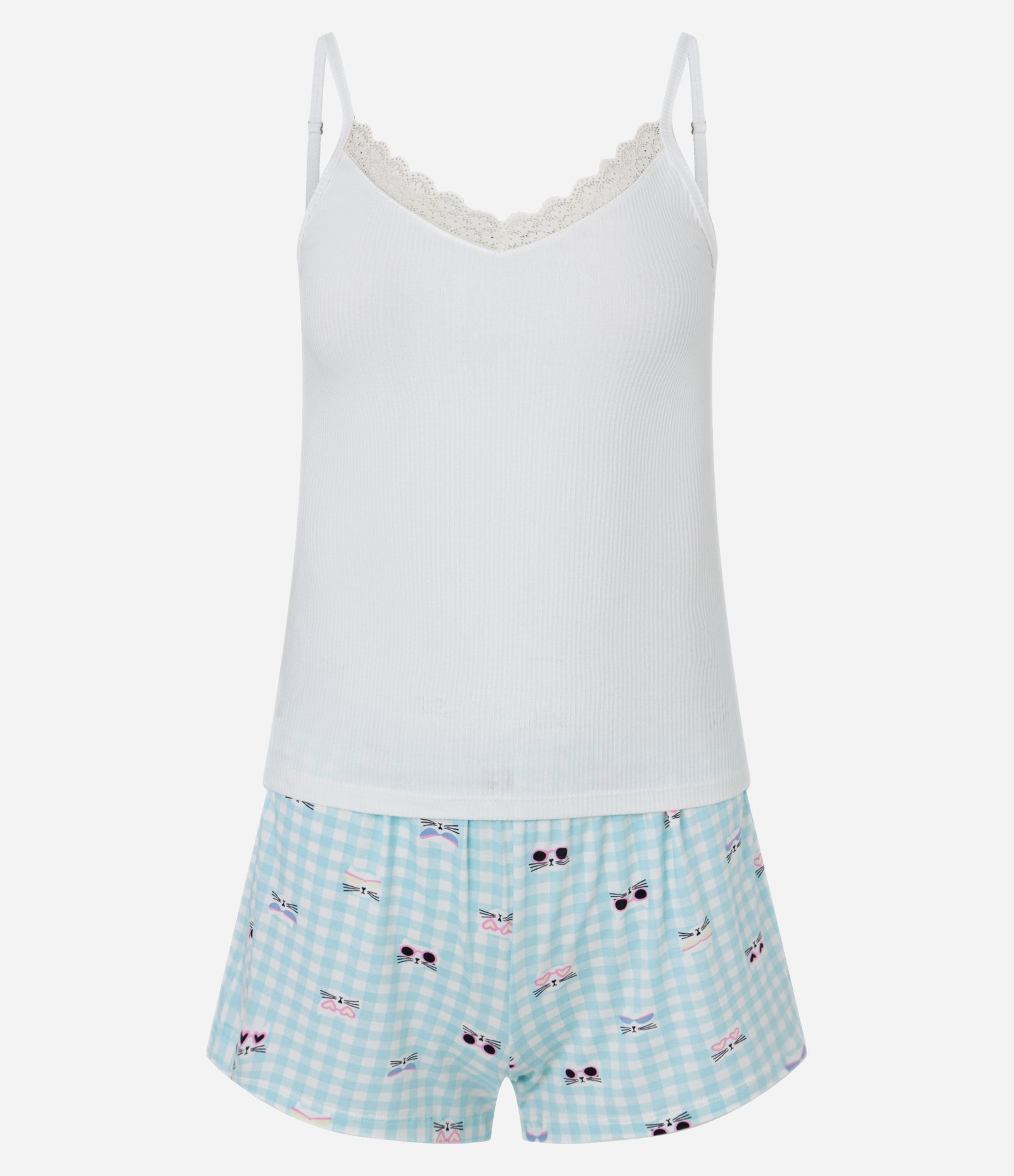 Pijama Short Doll Alcinha Estampa Gatinhos Branco/azul 5