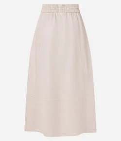 Saia Midi em Material Sintético com Cós Elástico e Bolsos