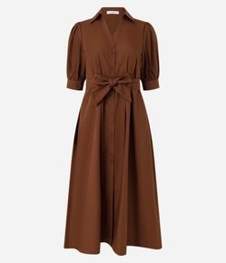 Vestido Midi em Tricoline com Manga Bufante e Amarração